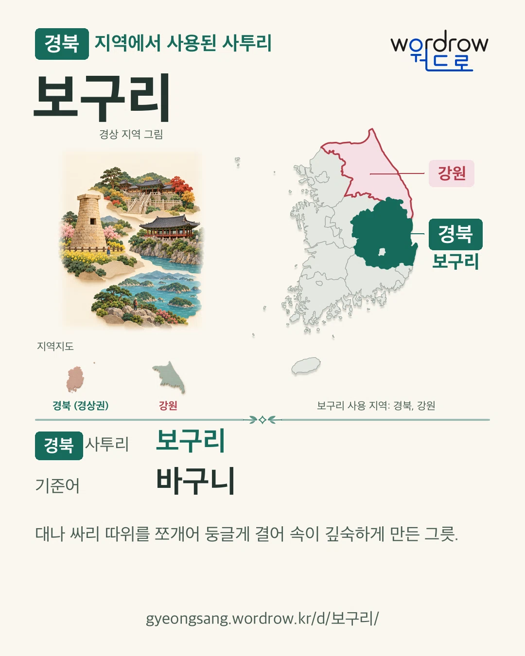 경북 지역에서 사용된 사투리 ‘보구리’. 기준어: 바구니. 기록 지역을 표시한 지역 그림과 지도 카드.