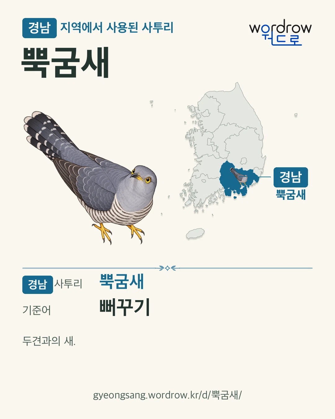 경남 지역에서 사용된 사투리 ‘뿍굼새’. 기준어: 뻐꾸기. 기록 지역을 표시한 카툰 삽화와 지도 카드.