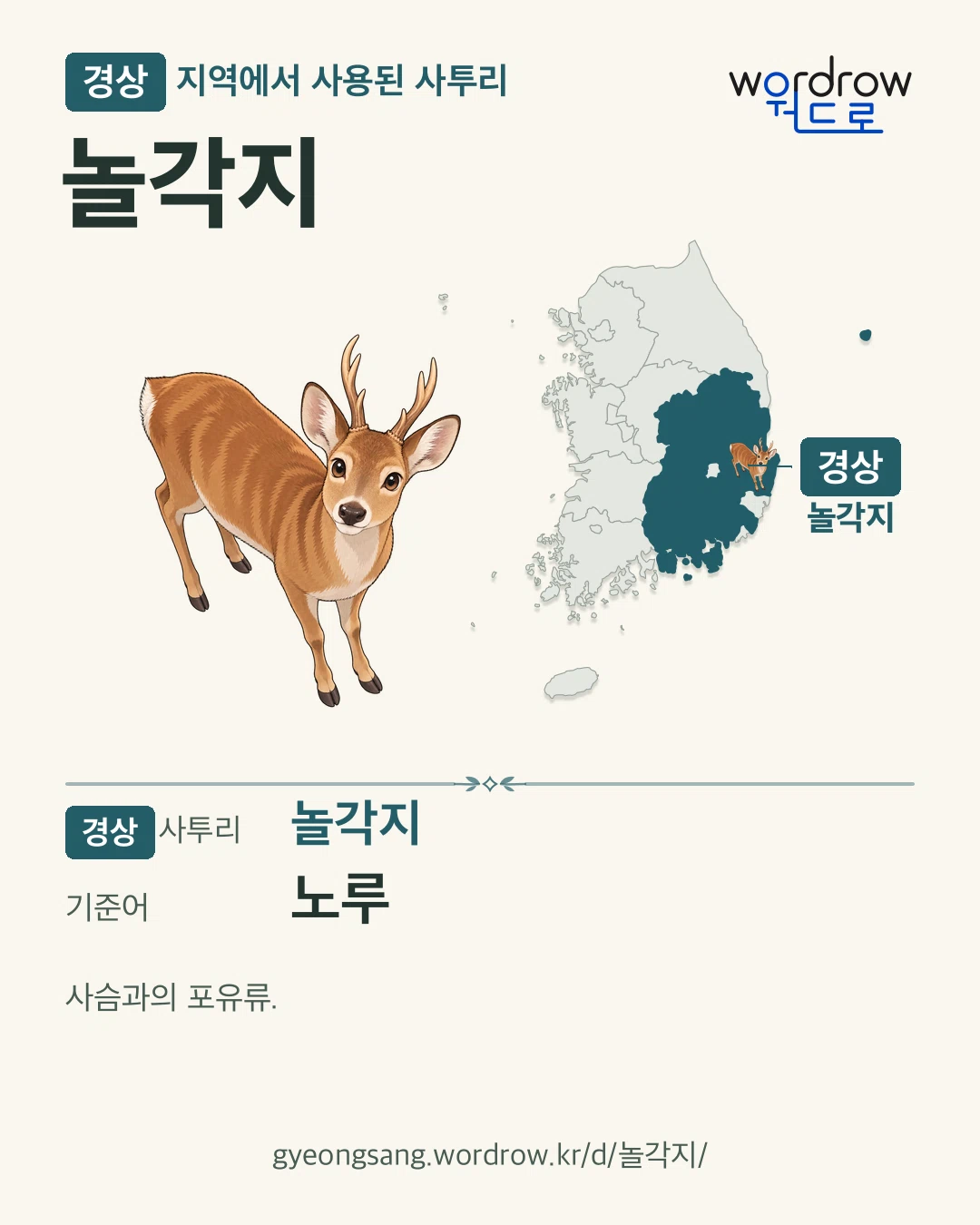 경상 지역에서 사용된 사투리 ‘놀각지’. 기준어: 노루. 기록 지역을 표시한 카툰 삽화와 지도 카드.