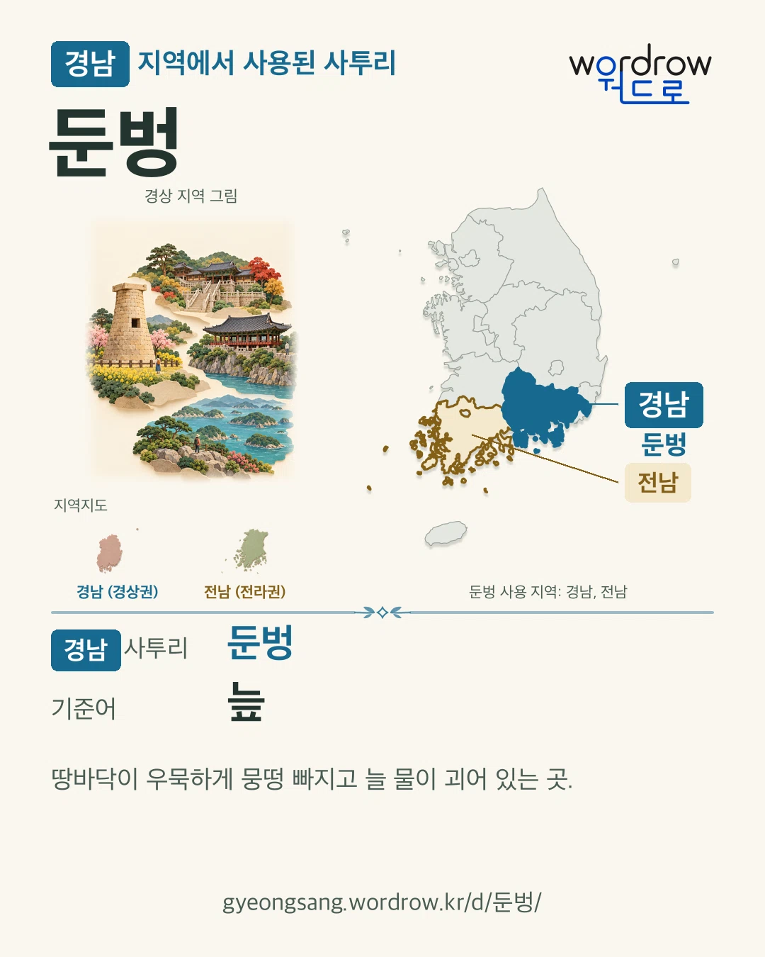 경남 지역에서 사용된 사투리 ‘둔벙’. 기준어: 늪. 기록 지역을 표시한 지역 그림과 지도 카드.