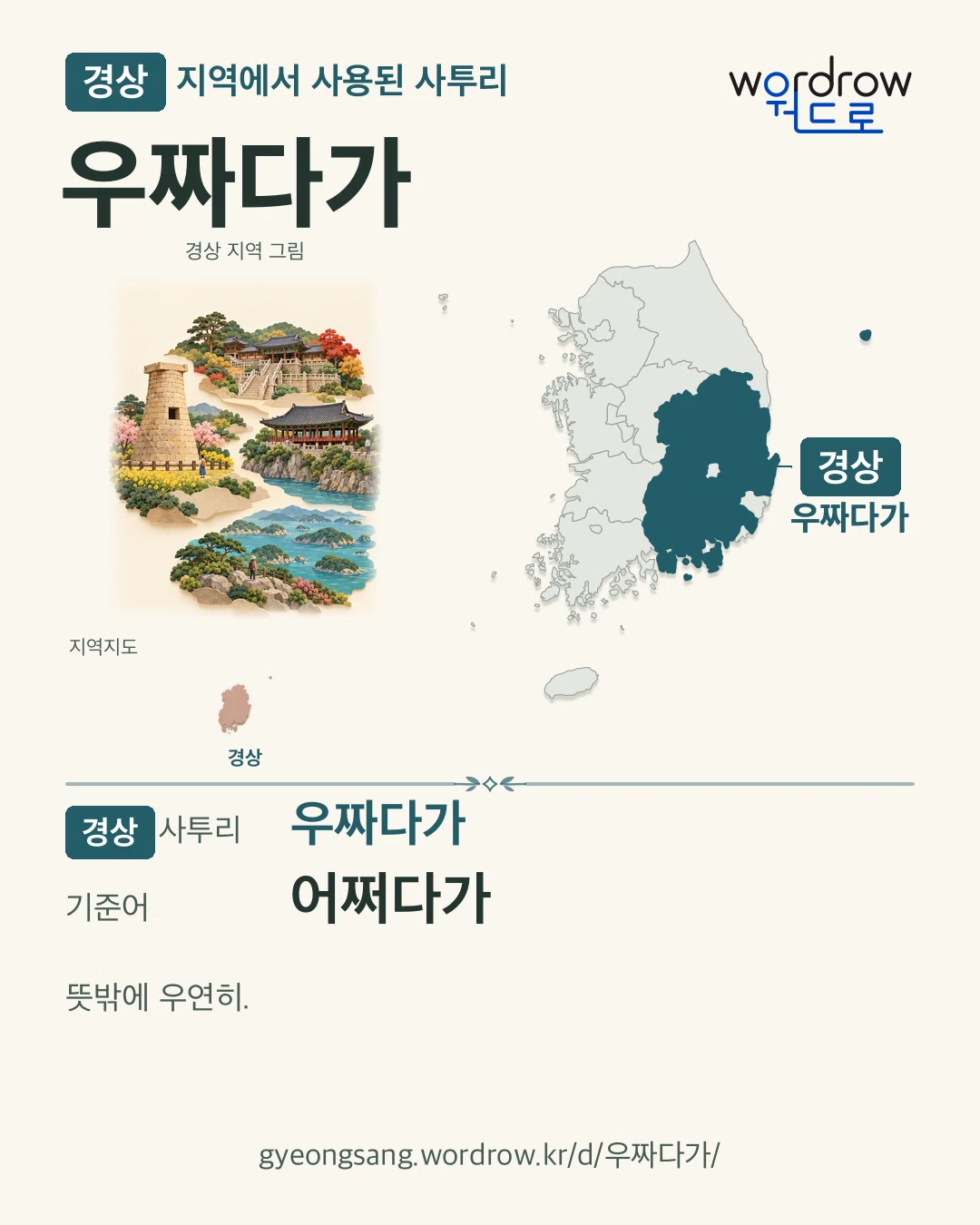 경상 지역에서 사용된 사투리 ‘우짜다가’. 기준어: 어쩌다가. 기록 지역을 표시한 지역 그림과 지도 카드.