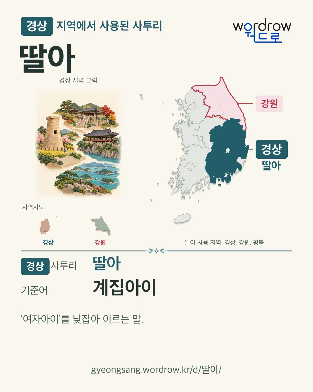 경상 지역에서 사용된 사투리 ‘딸아’. 기준어: 계집아이. 기록 지역을 표시한 지역 그림과 지도 카드.