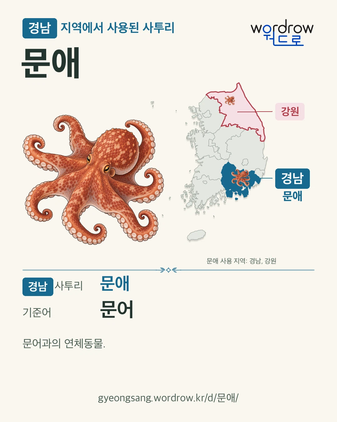 경남 지역에서 사용된 사투리 ‘문애’. 기준어: 문어. 기록 지역을 표시한 카툰 삽화와 지도 카드.