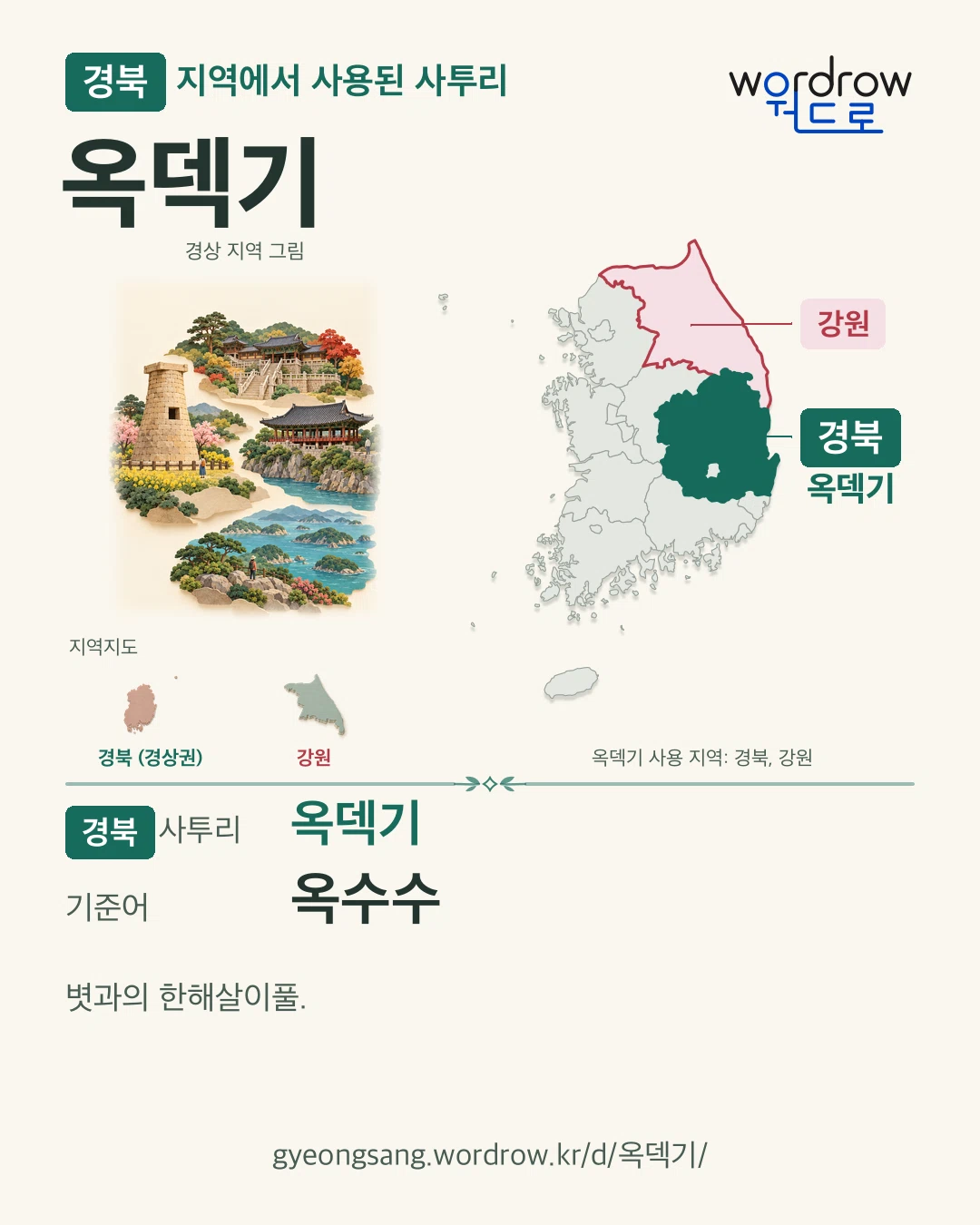 경북 지역에서 사용된 사투리 ‘옥덱기’. 기준어: 옥수수. 기록 지역을 표시한 지역 그림과 지도 카드.