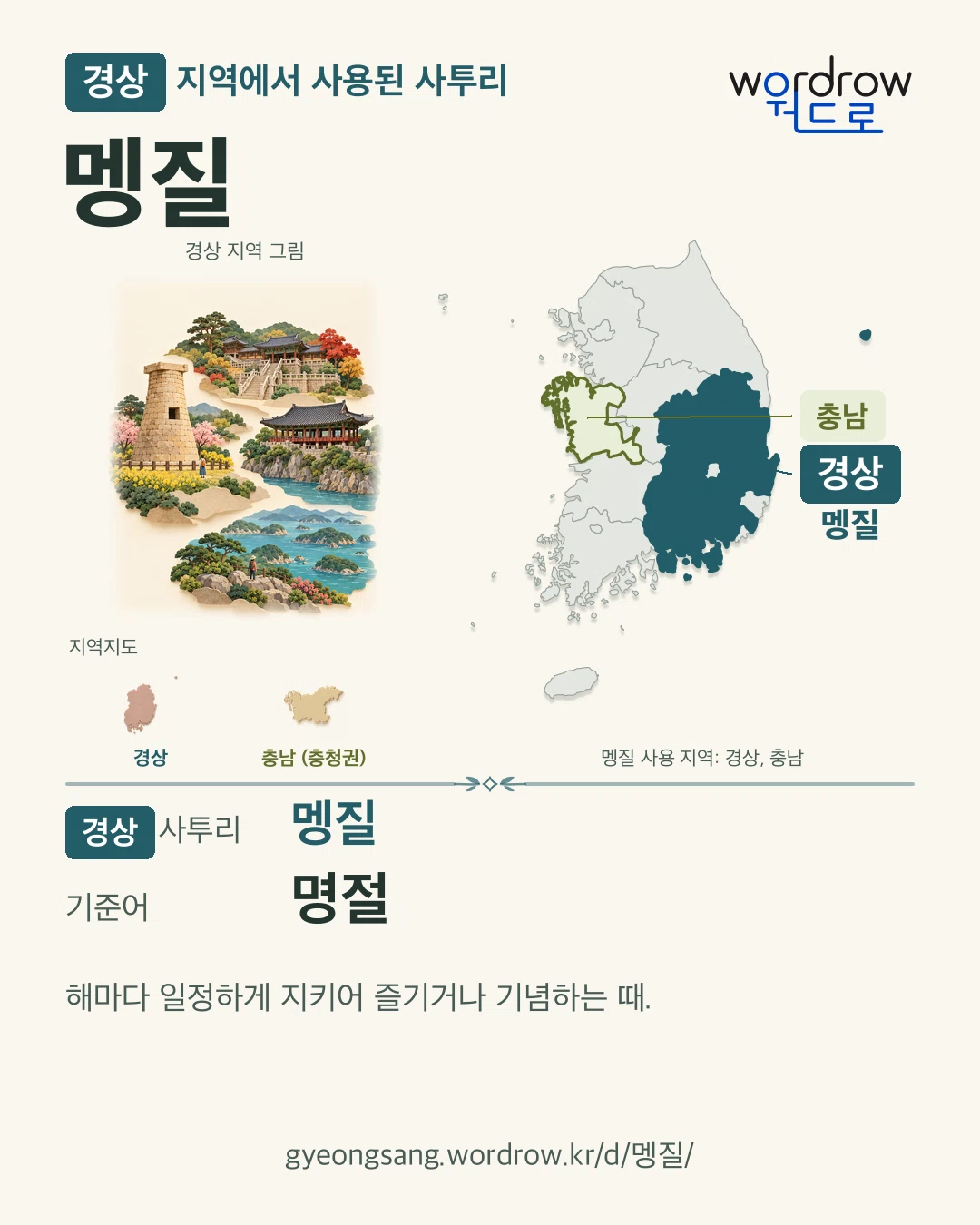 경상 지역에서 사용된 사투리 ‘멩질’. 기준어: 명절. 기록 지역을 표시한 지역 그림과 지도 카드.