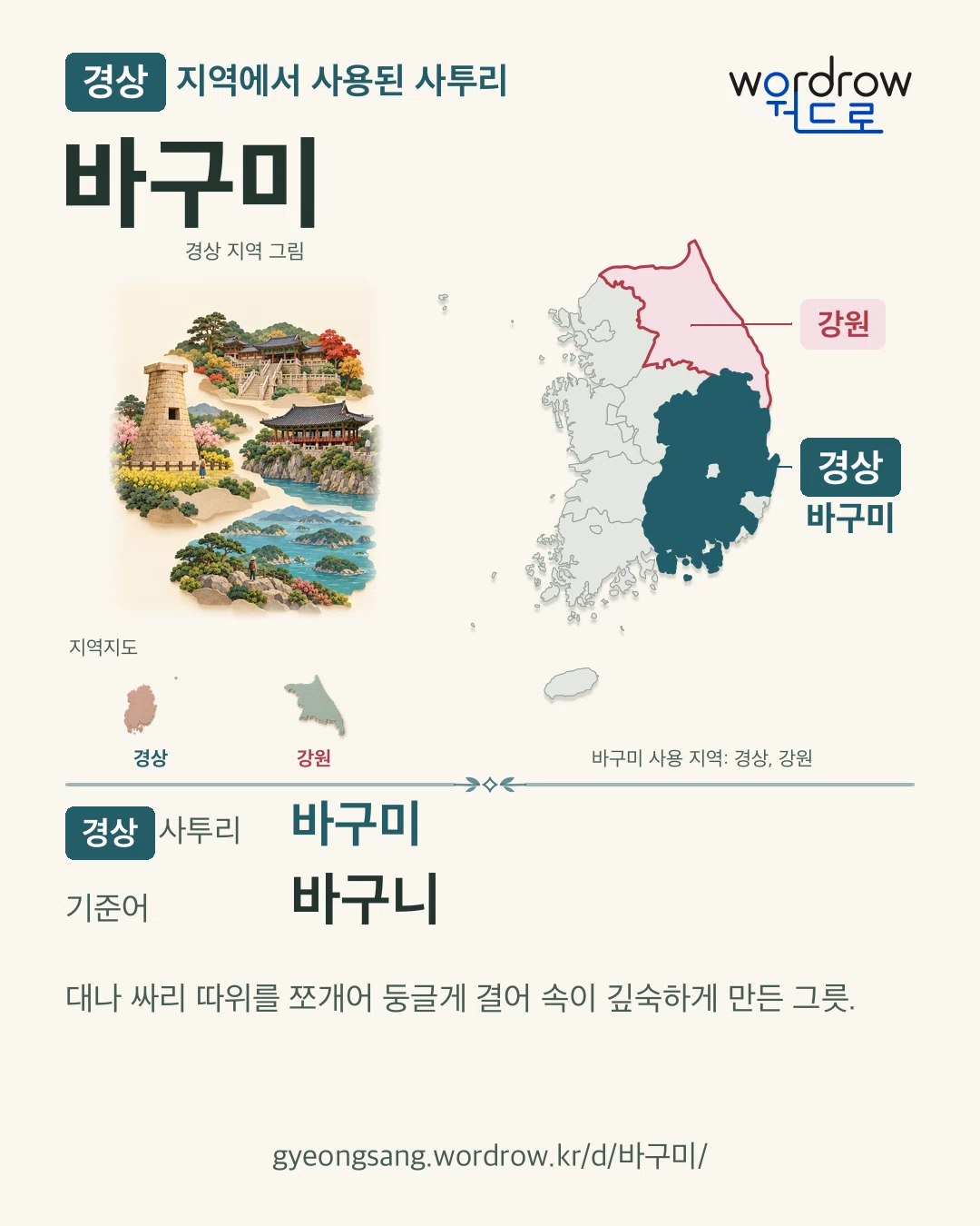 경상 지역에서 사용된 사투리 ‘바구미’. 기준어: 바구니. 기록 지역을 표시한 지역 그림과 지도 카드.