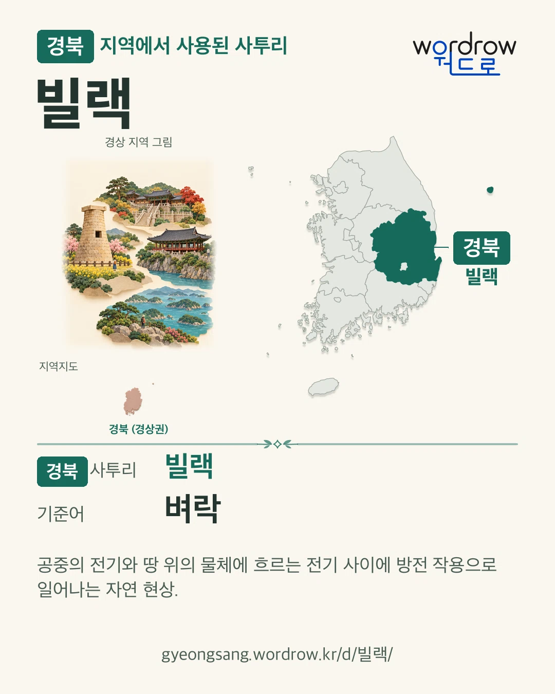 경북 지역에서 사용된 사투리 ‘빌랙’. 기준어: 벼락. 기록 지역을 표시한 지역 그림과 지도 카드.