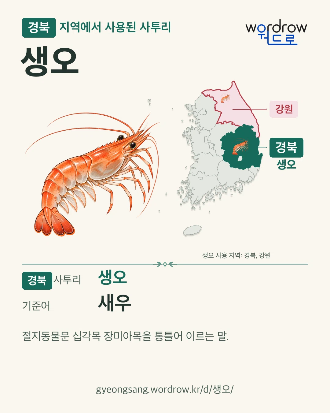 경북 지역에서 사용된 사투리 ‘생오’. 기준어: 새우. 기록 지역을 표시한 카툰 삽화와 지도 카드.