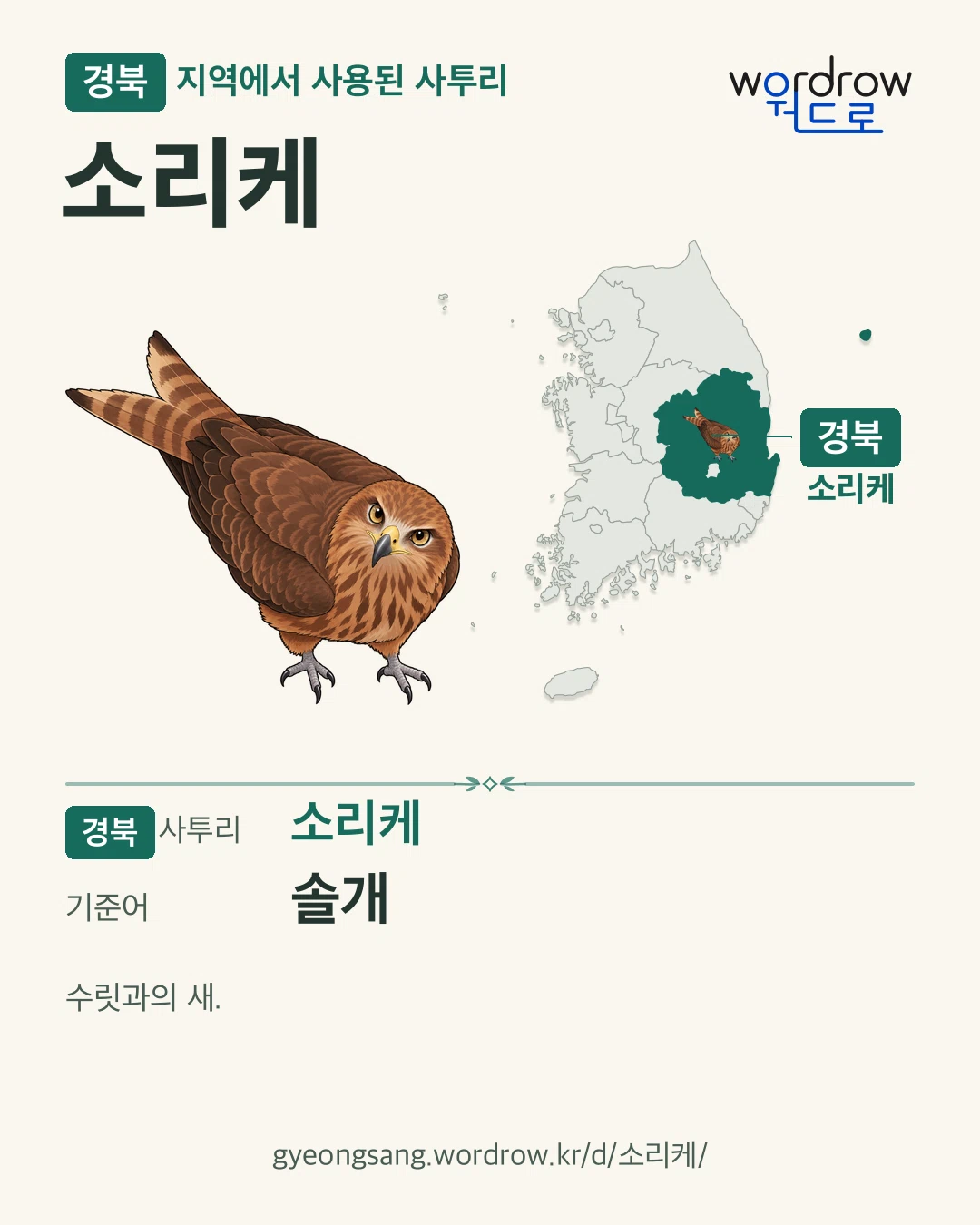 경북 지역에서 사용된 사투리 ‘소리케’. 기준어: 솔개. 기록 지역을 표시한 카툰 삽화와 지도 카드.