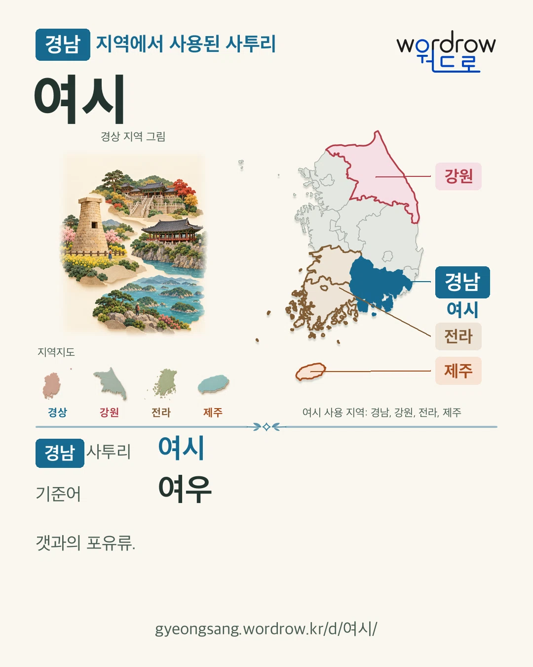 경남 지역에서 사용된 사투리 ‘여시’. 기준어: 여우. 기록 지역을 표시한 지역 그림과 지도 카드.
