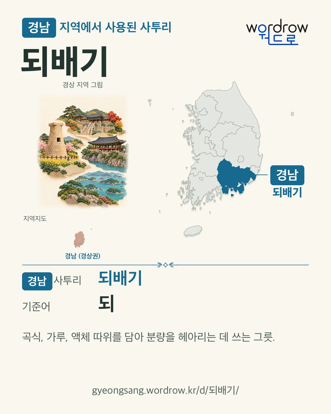 경남 지역에서 사용된 사투리 ‘되배기’. 기준어: 되. 기록 지역을 표시한 지역 그림과 지도 카드.