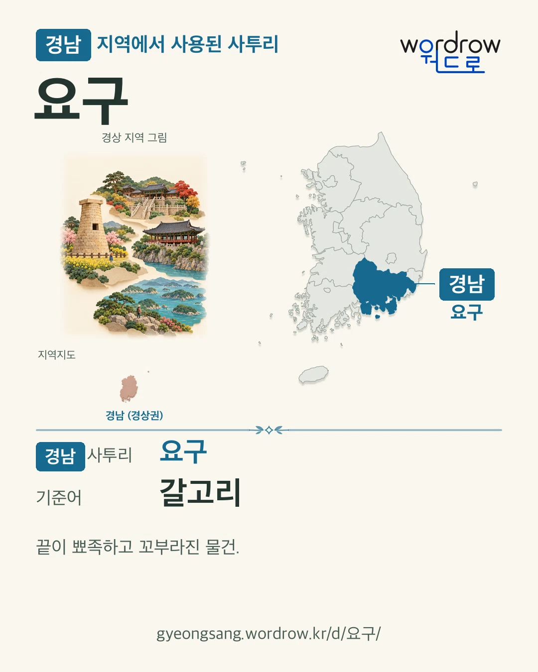 경남 지역에서 사용된 사투리 ‘요구’. 기준어: 갈고리. 기록 지역을 표시한 지역 그림과 지도 카드.