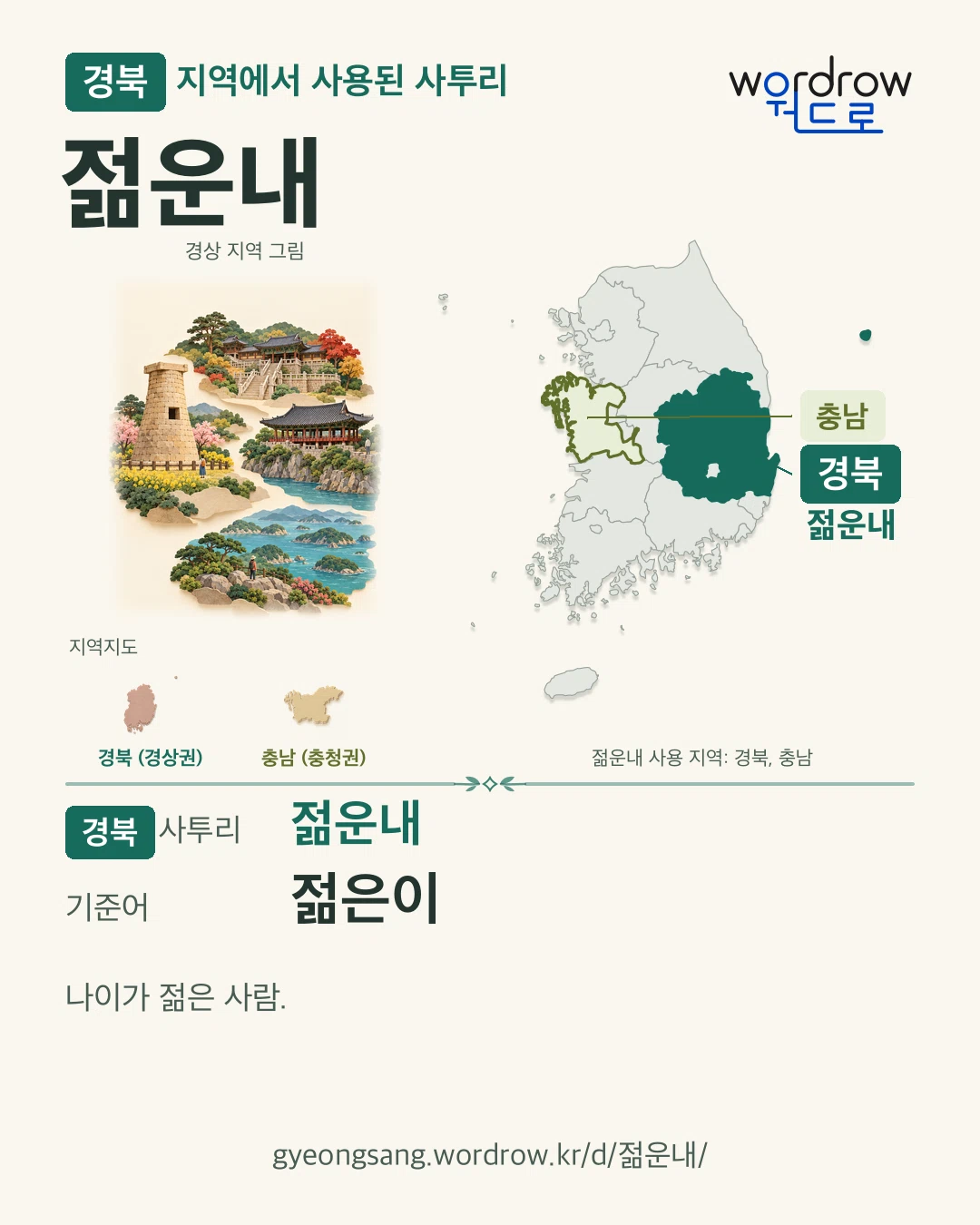 경북 지역에서 사용된 사투리 ‘젊운내’. 기준어: 젊은이. 기록 지역을 표시한 지역 그림과 지도 카드.