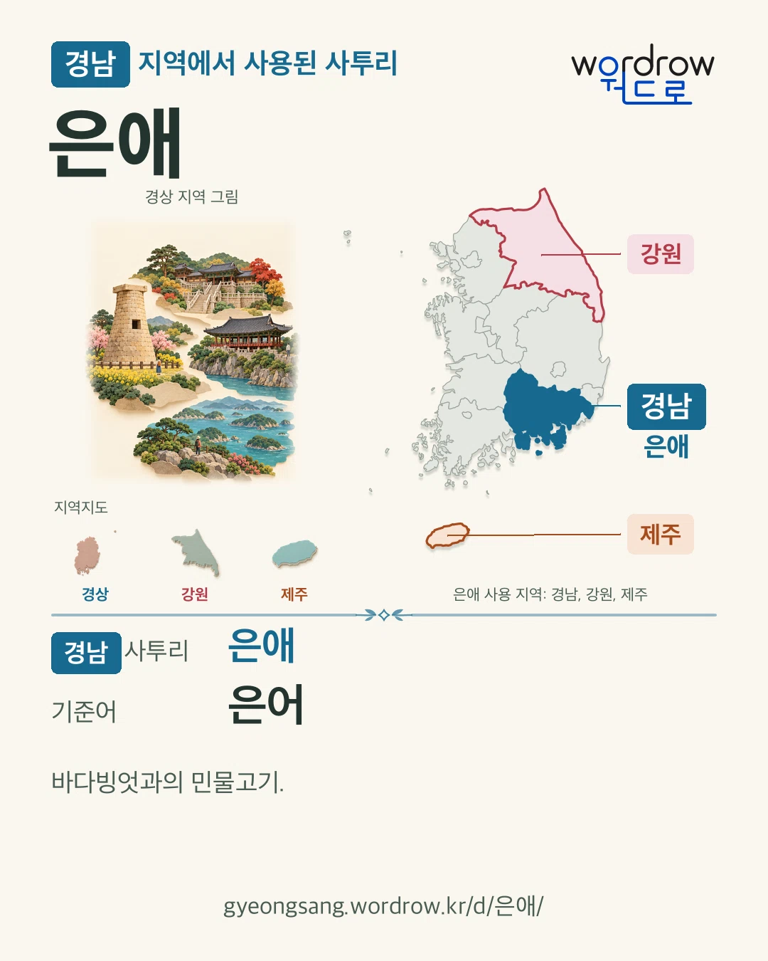 경남 지역에서 사용된 사투리 ‘은애’. 기준어: 은어. 기록 지역을 표시한 지역 그림과 지도 카드.