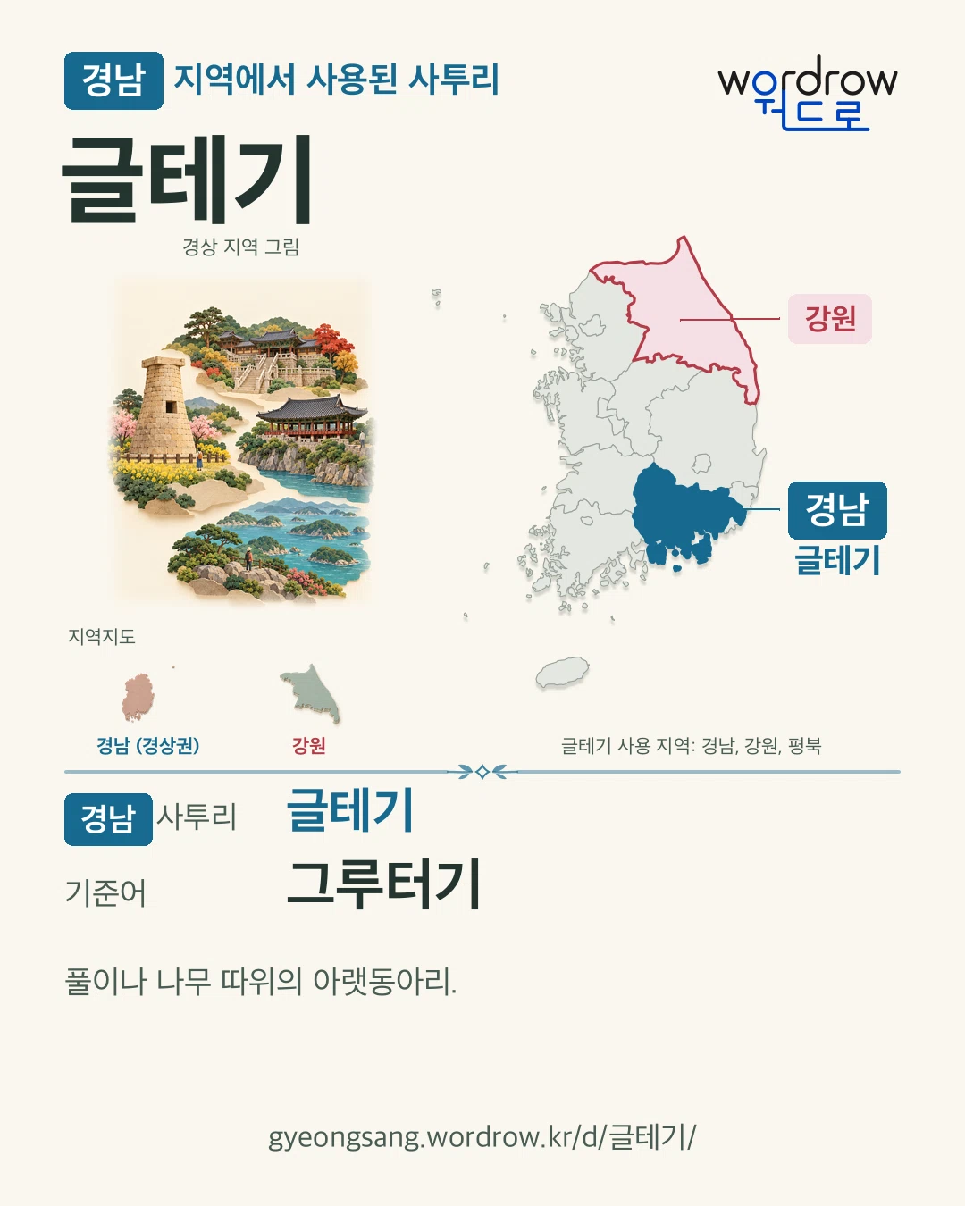 경남 지역에서 사용된 사투리 ‘글테기’. 기준어: 그루터기. 기록 지역을 표시한 지역 그림과 지도 카드.
