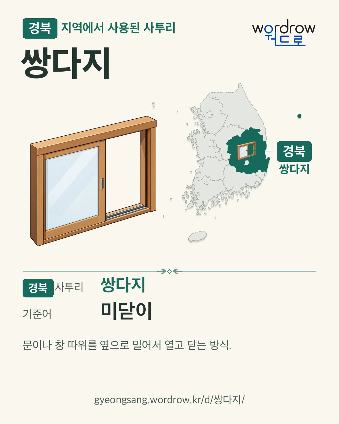 경북 지역에서 사용된 사투리 ‘쌍다지’. 기준어: 미닫이. 기록 지역을 표시한 카툰 삽화와 지도 카드.