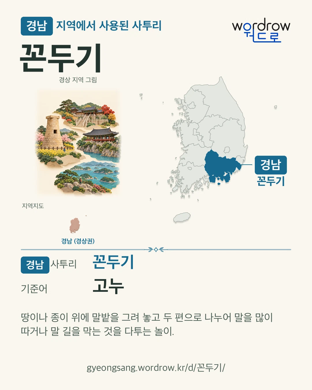경남 지역에서 사용된 사투리 ‘꼰두기’. 기준어: 고누. 기록 지역을 표시한 지역 그림과 지도 카드.