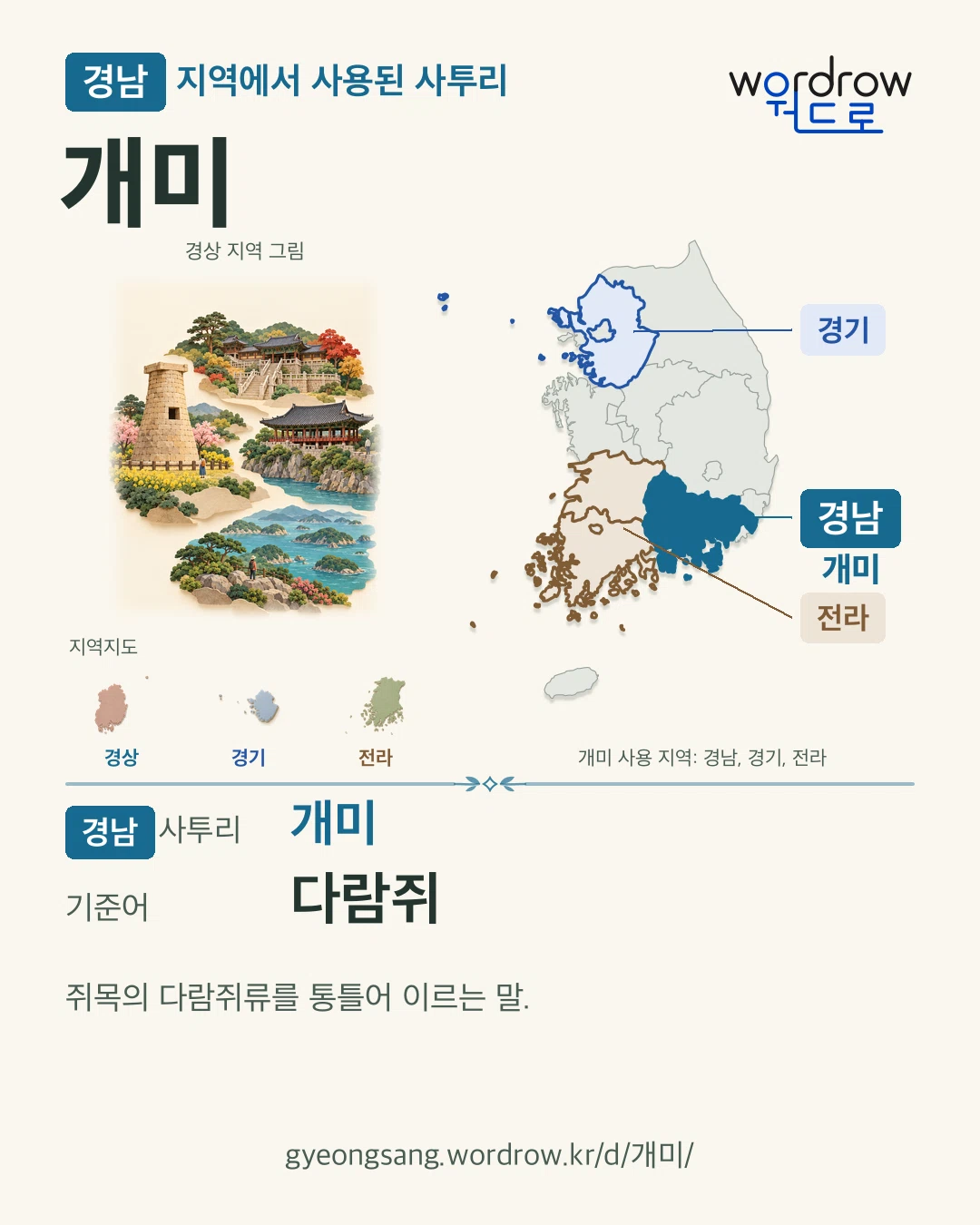 경남 지역에서 사용된 사투리 ‘개미’. 기준어: 다람쥐. 기록 지역을 표시한 지역 그림과 지도 카드.