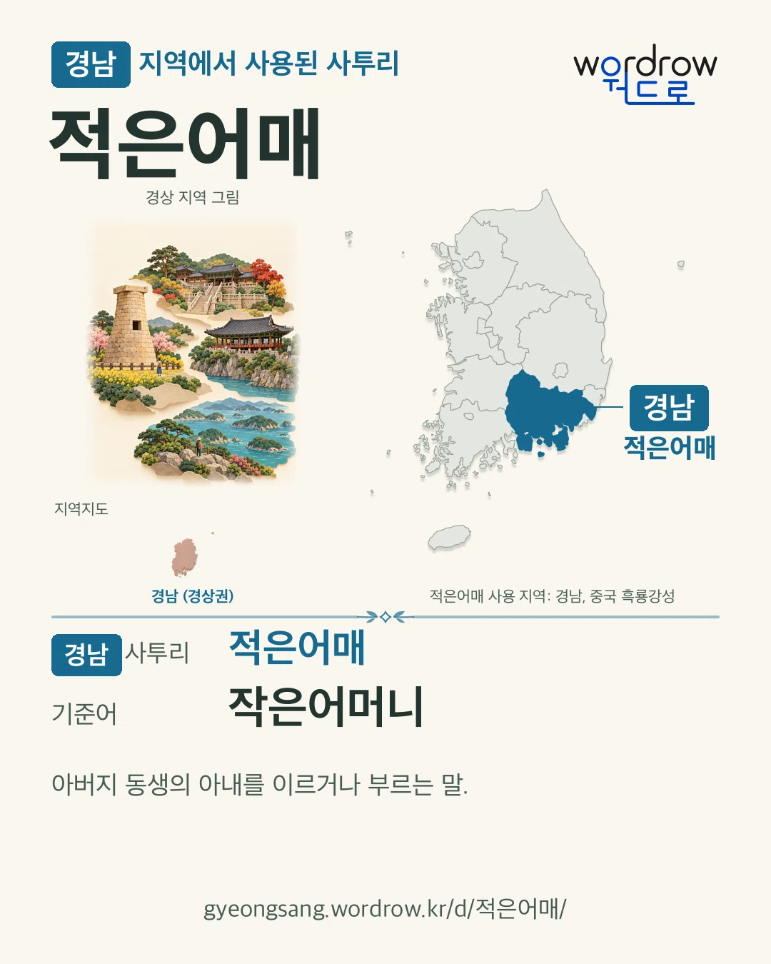 경남 지역에서 사용된 사투리 ‘적은어매’. 기준어: 작은어머니. 기록 지역을 표시한 지역 그림과 지도 카드.