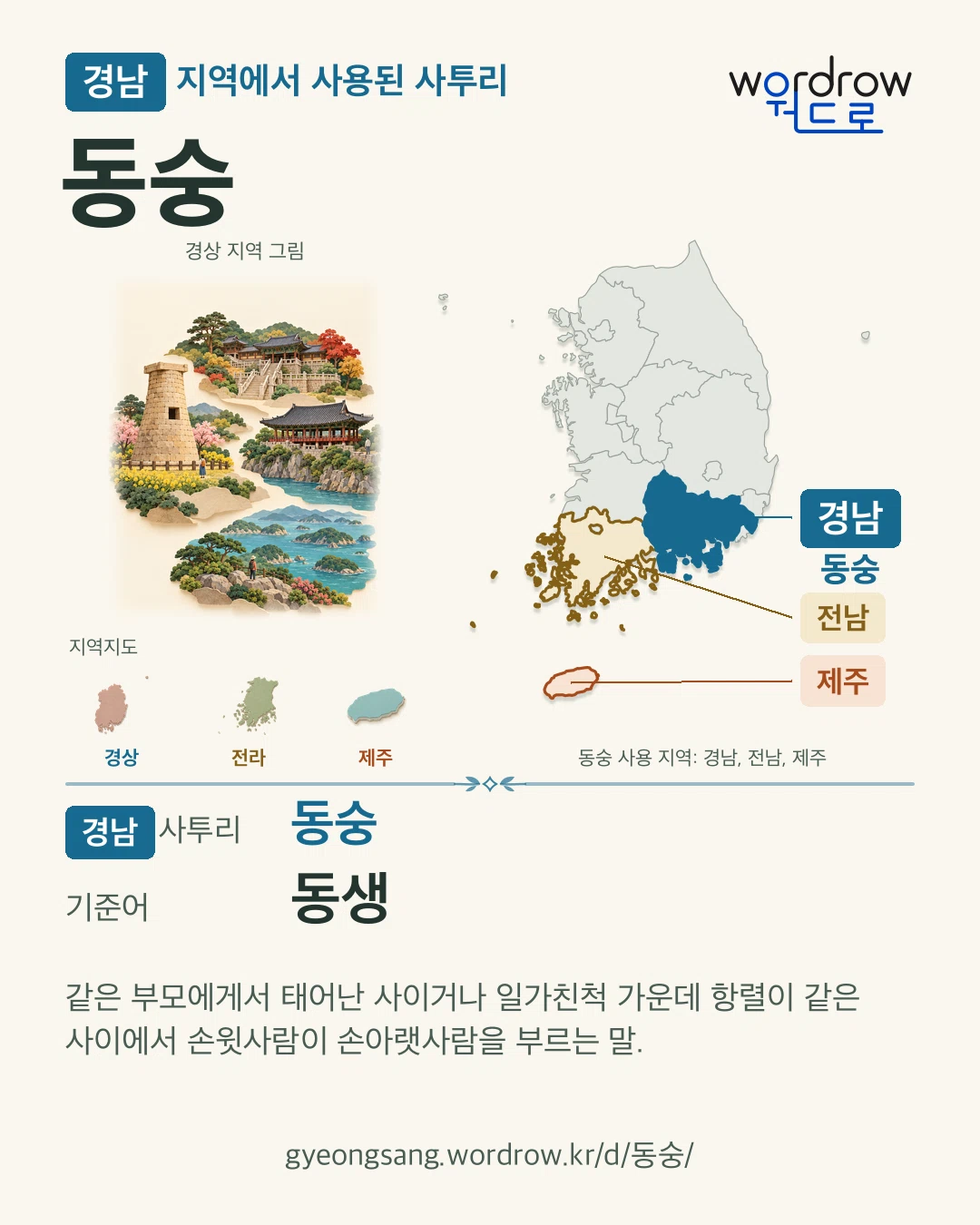경남 지역에서 사용된 사투리 ‘동숭’. 기준어: 동생. 기록 지역을 표시한 지역 그림과 지도 카드.