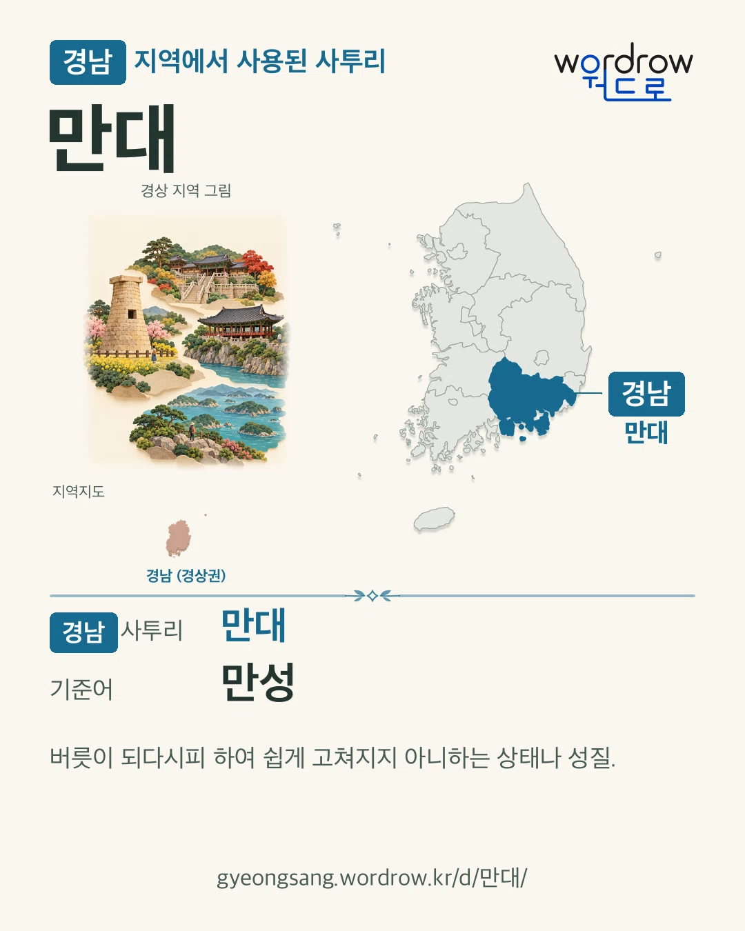 경남 지역에서 사용된 사투리 ‘만대’. 기준어: 만성. 기록 지역을 표시한 지역 그림과 지도 카드.