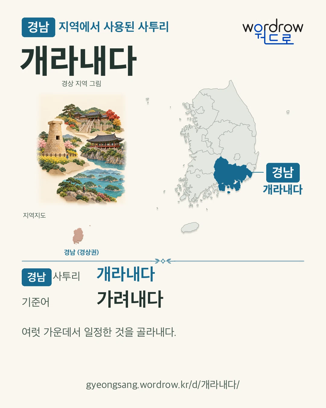 경남 지역에서 사용된 사투리 ‘개라내다’. 기준어: 가려내다. 기록 지역을 표시한 지역 그림과 지도 카드.