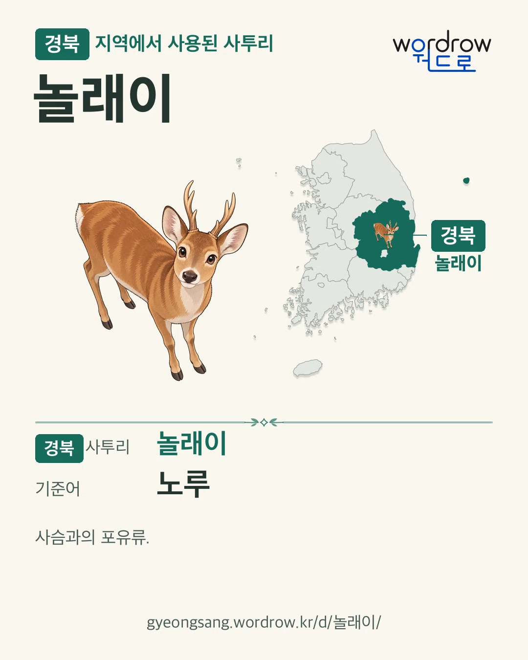 경북 지역에서 사용된 사투리 ‘놀래이’. 기준어: 노루. 기록 지역을 표시한 카툰 삽화와 지도 카드.