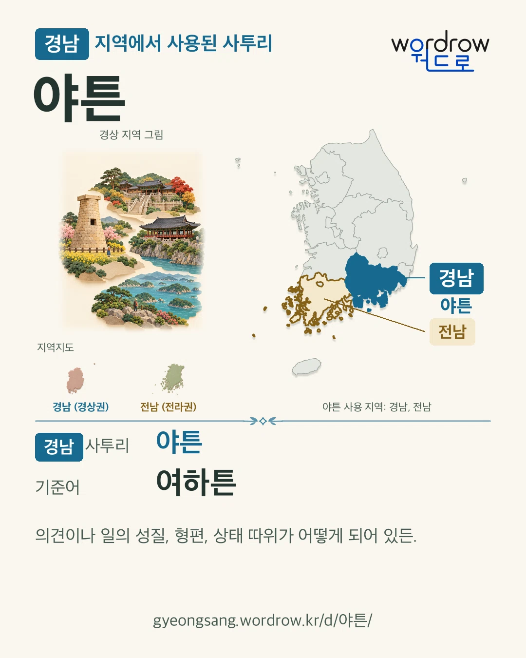 경남 지역에서 사용된 사투리 ‘야튼’. 기준어: 여하튼. 기록 지역을 표시한 지역 그림과 지도 카드.