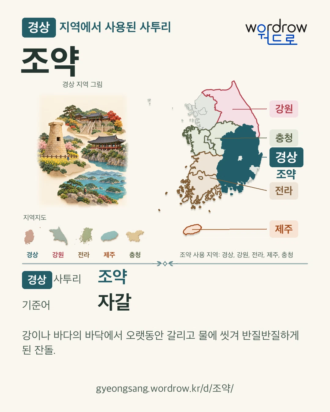 경상 지역에서 사용된 사투리 ‘조약’. 기준어: 자갈. 기록 지역을 표시한 지역 그림과 지도 카드.