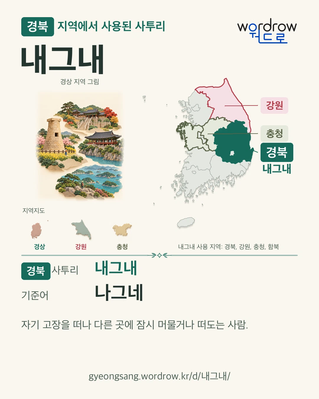 경북 지역에서 사용된 사투리 ‘내그내’. 기준어: 나그네. 기록 지역을 표시한 지역 그림과 지도 카드.