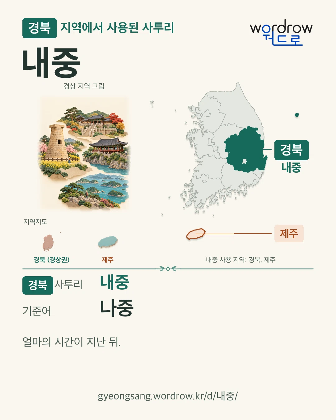 경북 지역에서 사용된 사투리 ‘내중’. 기준어: 나중. 기록 지역을 표시한 지역 그림과 지도 카드.