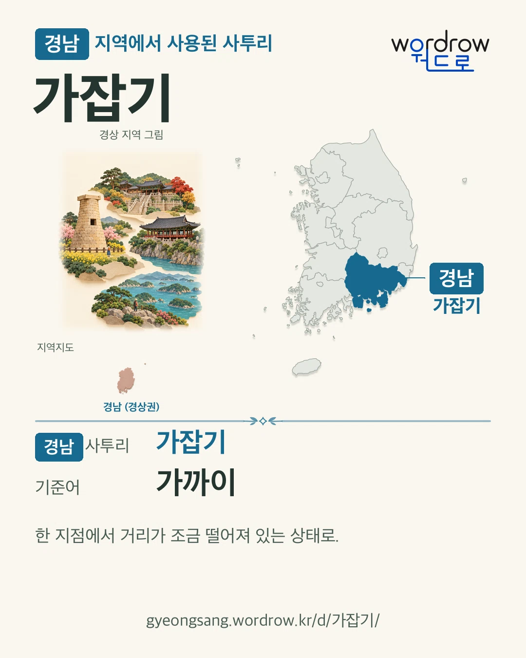 경남 지역에서 사용된 사투리 ‘가잡기’. 기준어: 가까이. 기록 지역을 표시한 지역 그림과 지도 카드.