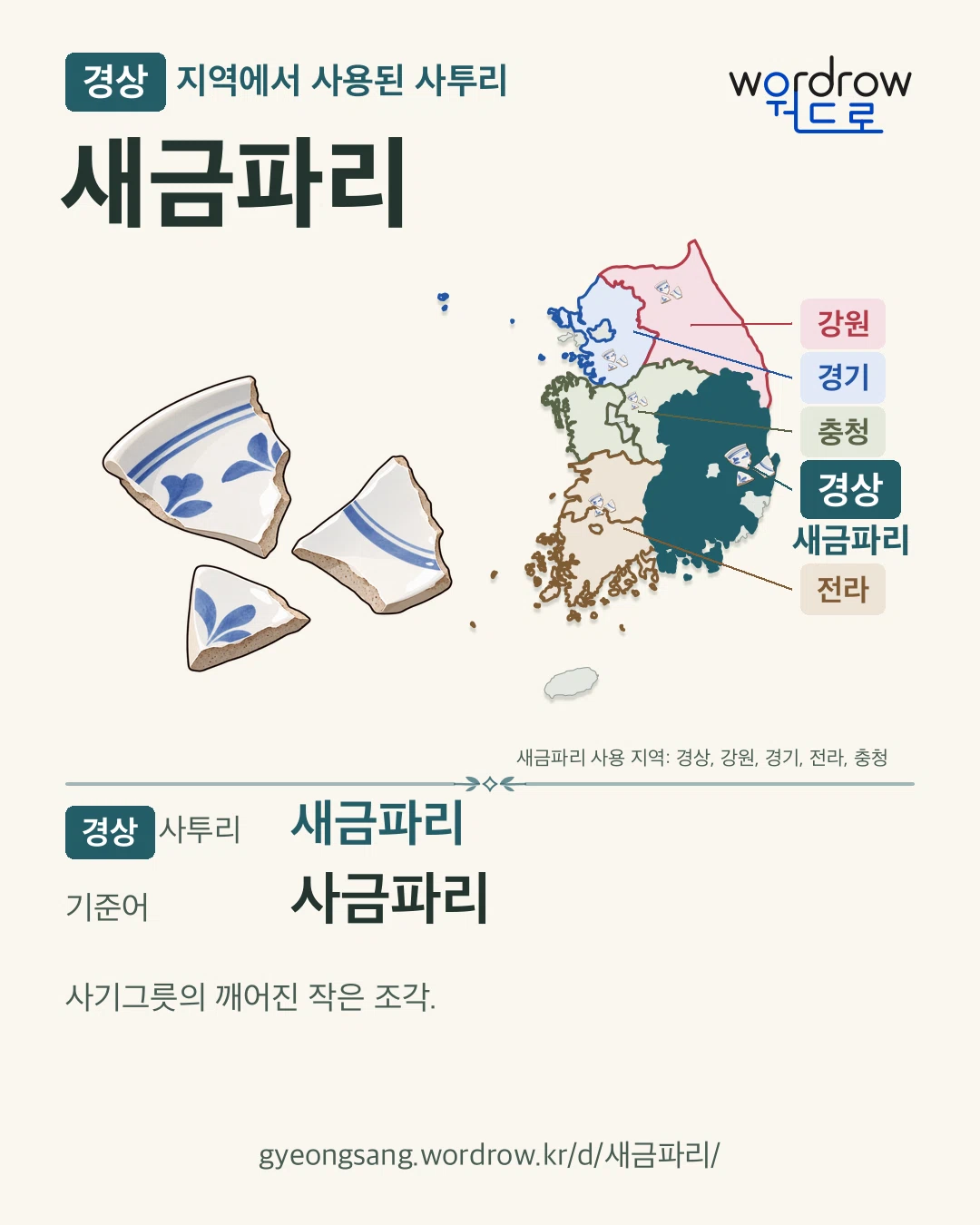 경상 지역에서 사용된 사투리 ‘새금파리’. 기준어: 사금파리. 기록 지역을 표시한 카툰 삽화와 지도 카드.