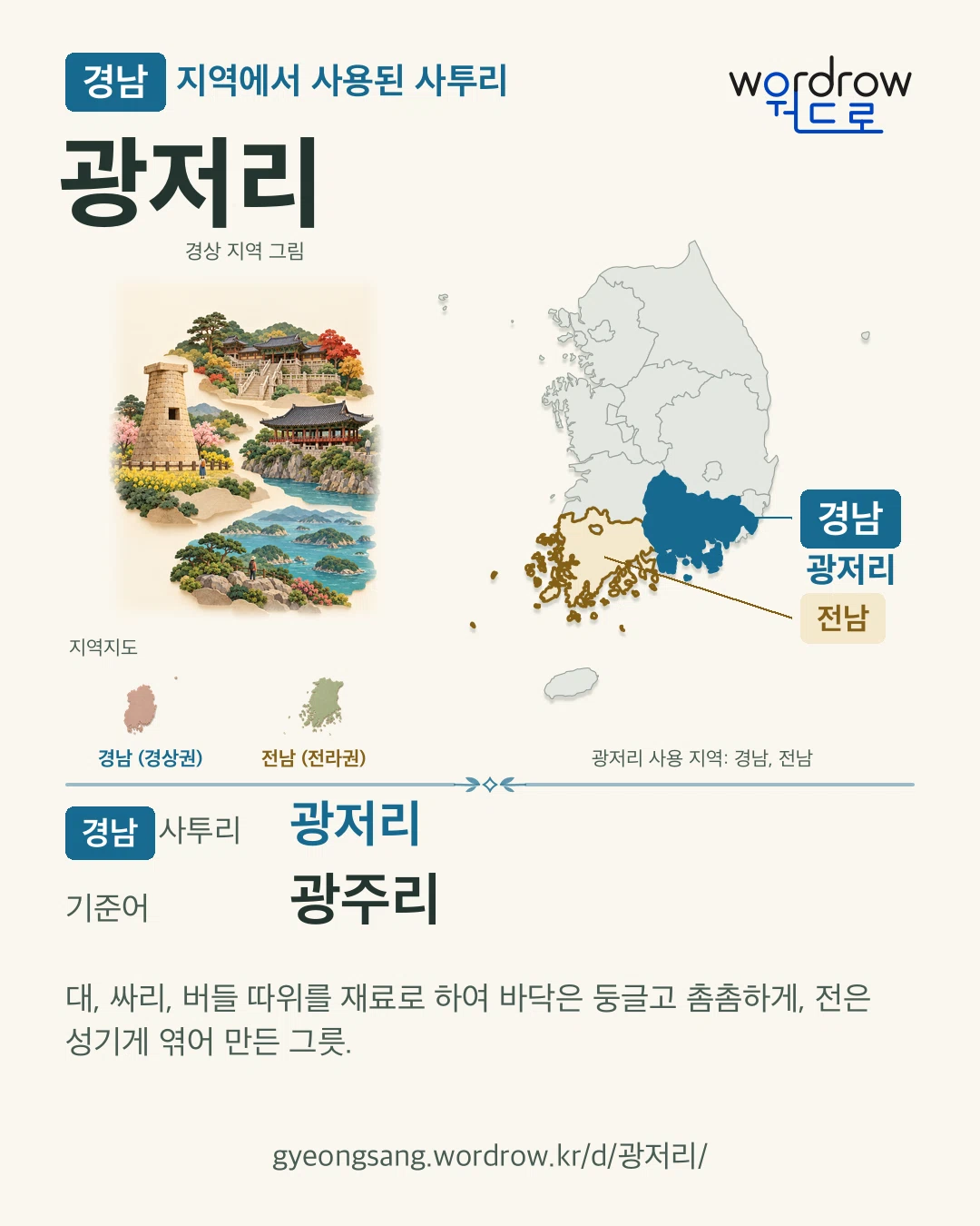 경남 지역에서 사용된 사투리 ‘광저리’. 기준어: 광주리. 기록 지역을 표시한 지역 그림과 지도 카드.