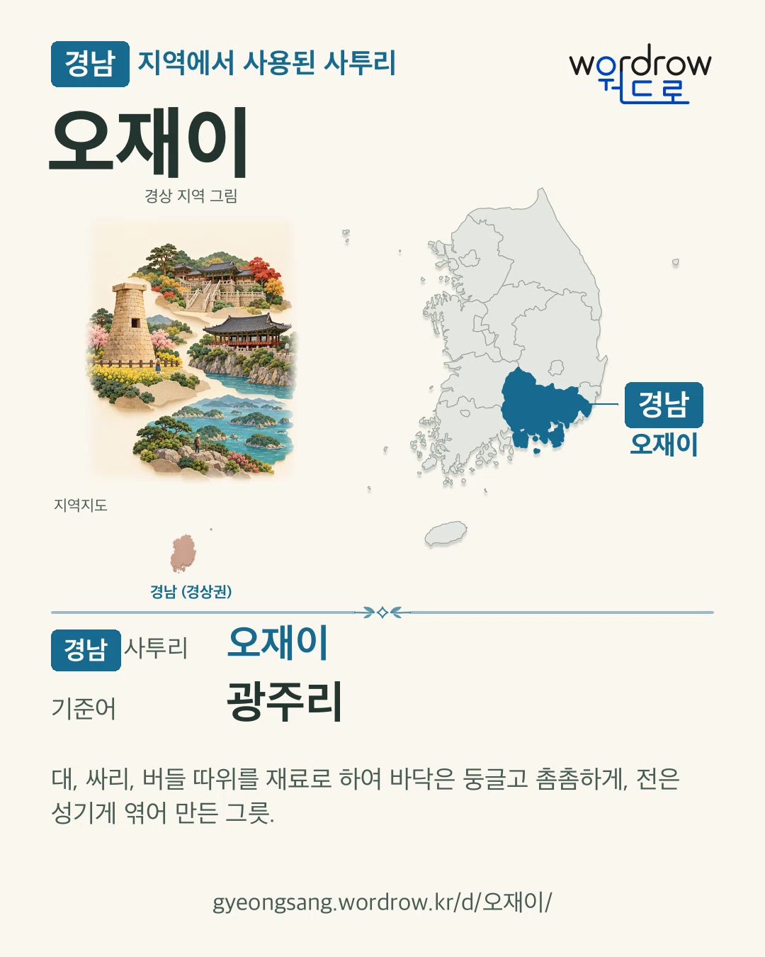 경남 지역에서 사용된 사투리 ‘오재이’. 기준어: 광주리. 기록 지역을 표시한 지역 그림과 지도 카드.