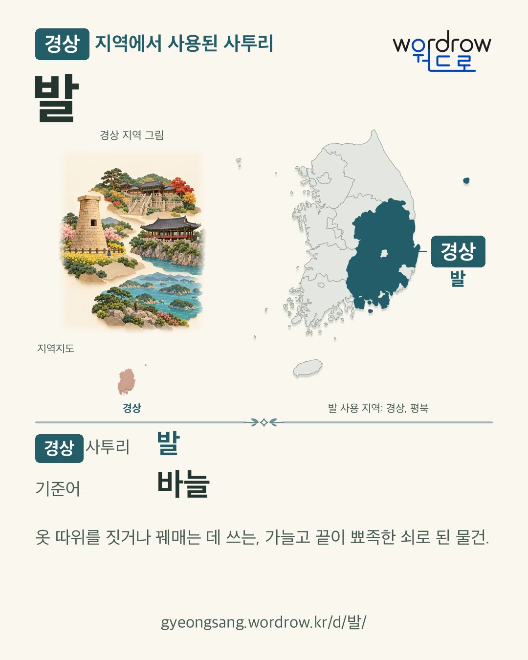 경상 지역에서 사용된 사투리 ‘발’. 기준어: 바늘. 기록 지역을 표시한 지역 그림과 지도 카드.