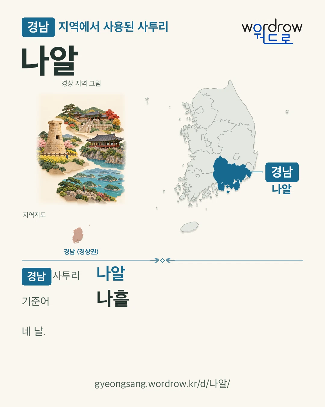 경남 지역에서 사용된 사투리 ‘나알’. 기준어: 나흘. 기록 지역을 표시한 지역 그림과 지도 카드.