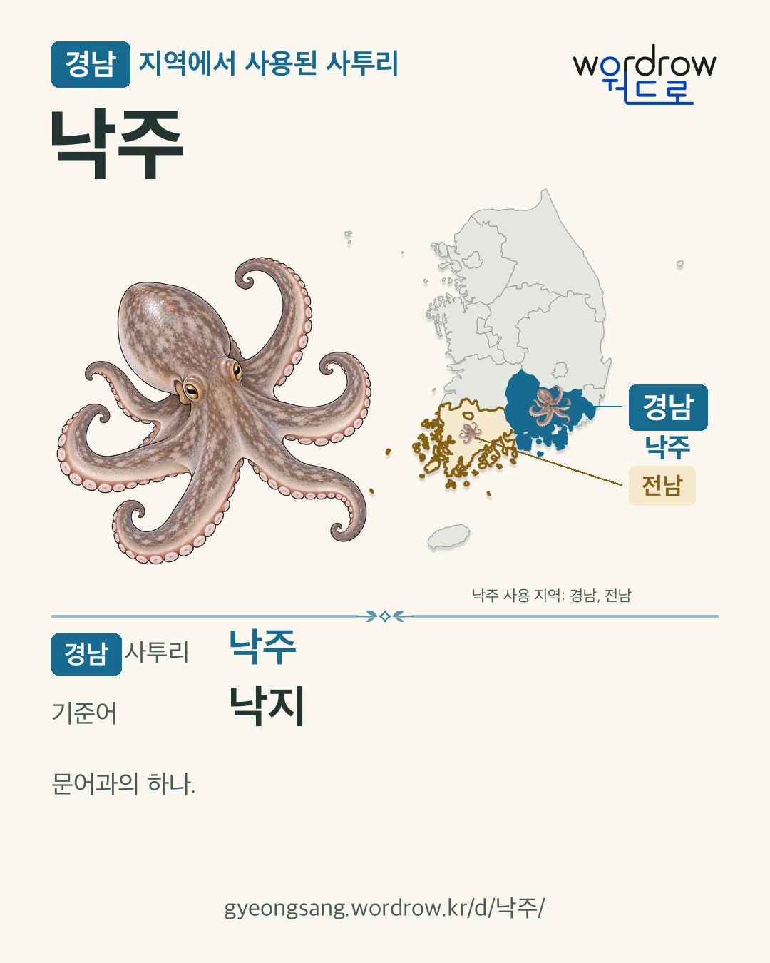 경남 지역에서 사용된 사투리 ‘낙주’. 기준어: 낙지. 기록 지역을 표시한 카툰 삽화와 지도 카드.
