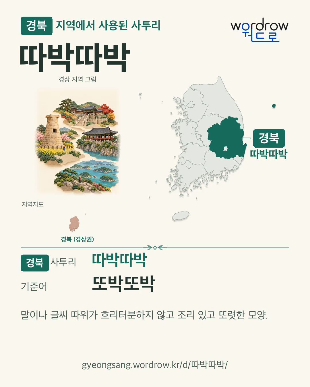 경북 지역에서 사용된 사투리 ‘따박따박’. 기준어: 또박또박. 기록 지역을 표시한 지역 그림과 지도 카드.