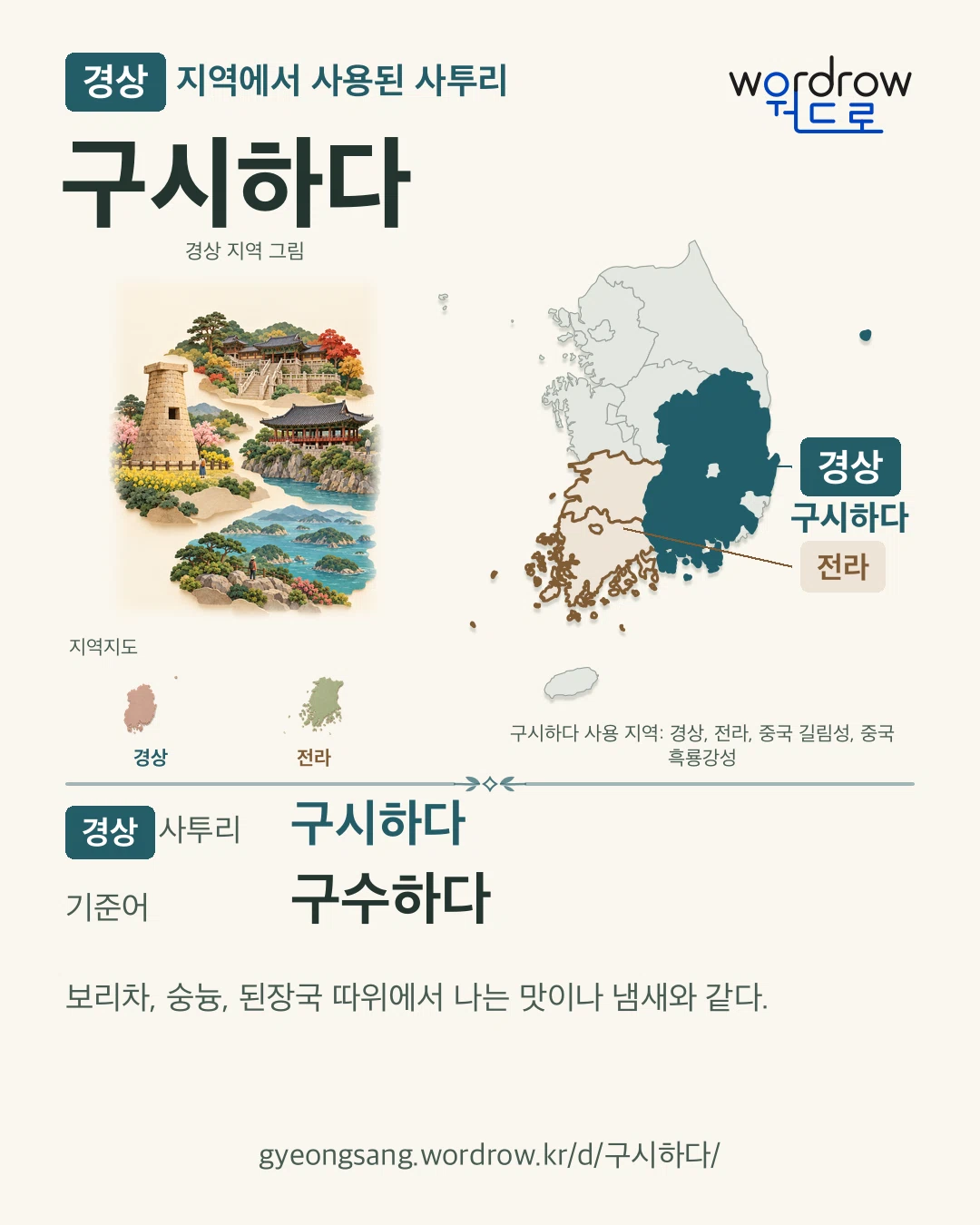 경상 지역에서 사용된 사투리 ‘구시하다’. 기준어: 구수하다. 기록 지역을 표시한 지역 그림과 지도 카드.