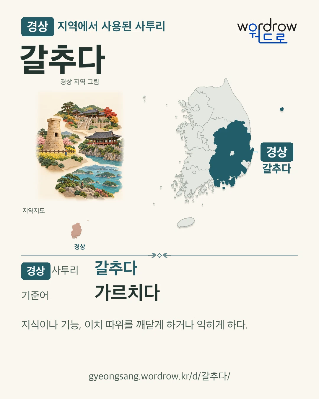 경상 지역에서 사용된 사투리 ‘갈추다’. 기준어: 가르치다. 기록 지역을 표시한 지역 그림과 지도 카드.