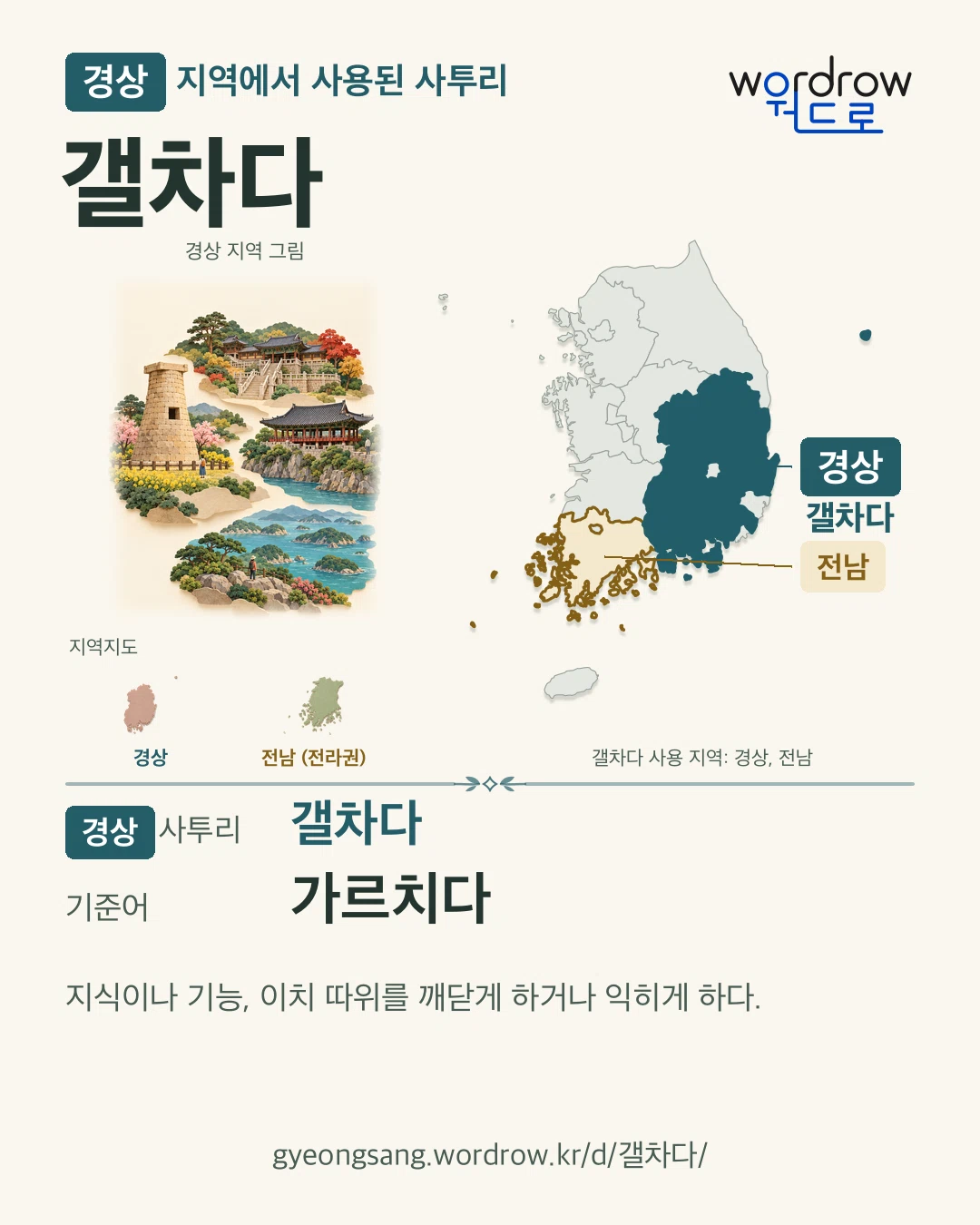 경상 지역에서 사용된 사투리 ‘갤차다’. 기준어: 가르치다. 기록 지역을 표시한 지역 그림과 지도 카드.