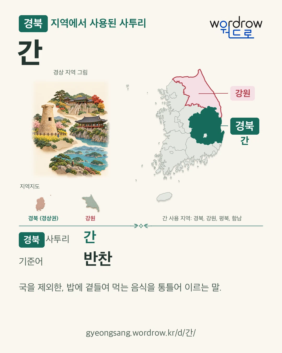 경북 지역에서 사용된 사투리 ‘간’. 기준어: 반찬. 기록 지역을 표시한 지역 그림과 지도 카드.