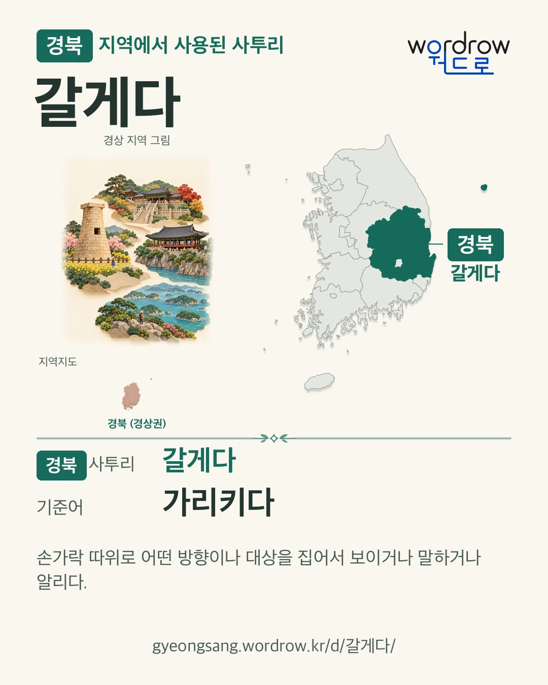 경북 지역에서 사용된 사투리 ‘갈게다’. 기준어: 가리키다. 기록 지역을 표시한 지역 그림과 지도 카드.