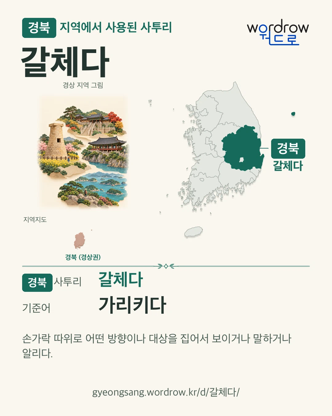 경북 지역에서 사용된 사투리 ‘갈체다’. 기준어: 가리키다. 기록 지역을 표시한 지역 그림과 지도 카드.