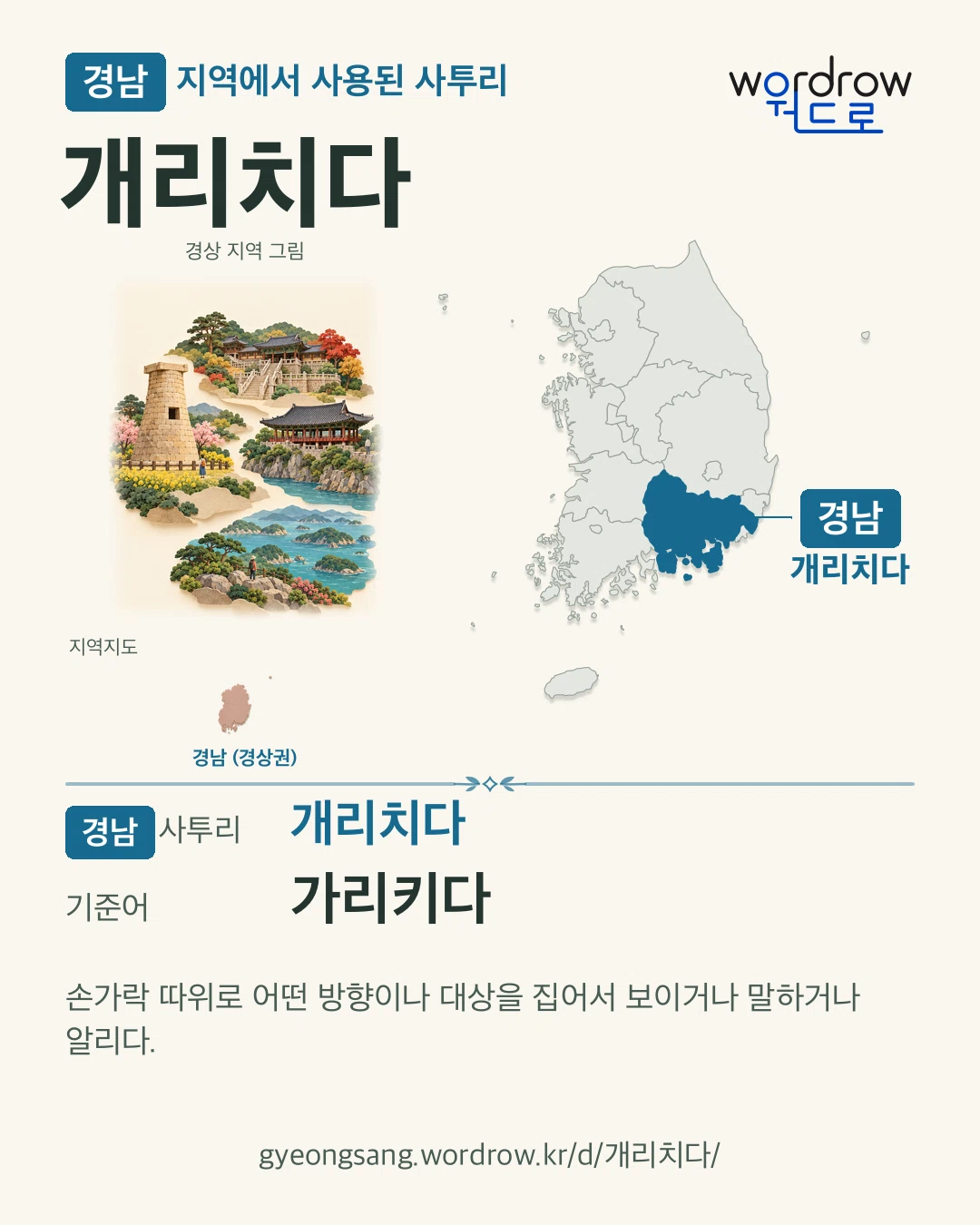 경남 지역에서 사용된 사투리 ‘개리치다’. 기준어: 가리키다. 기록 지역을 표시한 지역 그림과 지도 카드.