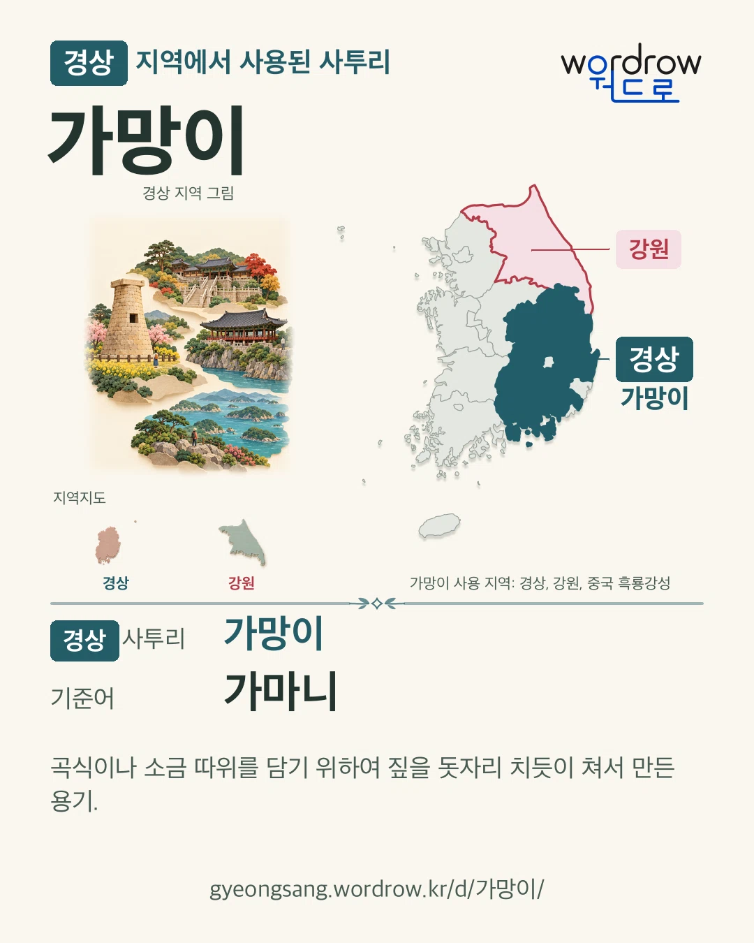 경상 지역에서 사용된 사투리 ‘가망이’. 기준어: 가마니. 기록 지역을 표시한 지역 그림과 지도 카드.