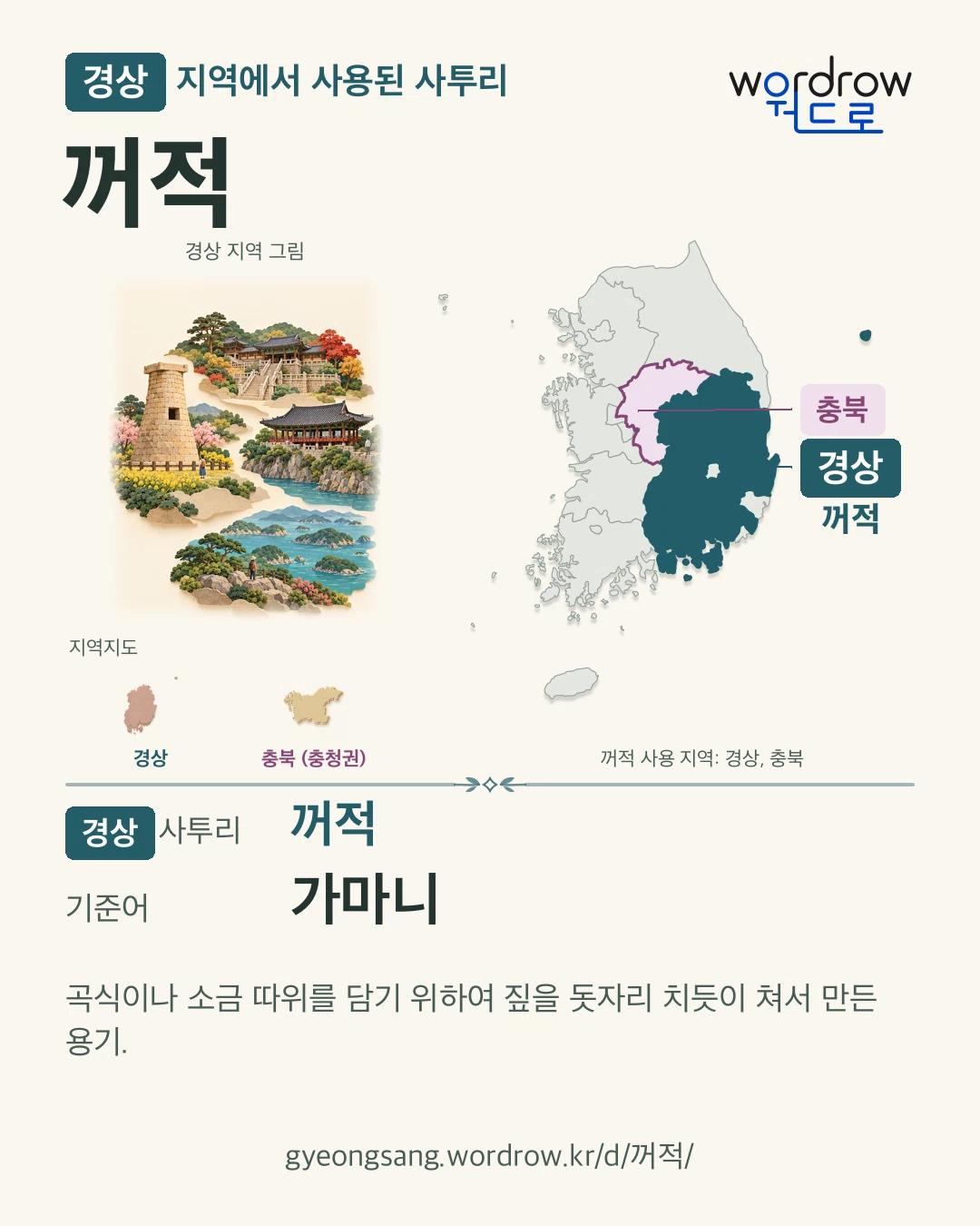 경상 지역에서 사용된 사투리 ‘꺼적’. 기준어: 가마니. 기록 지역을 표시한 지역 그림과 지도 카드.