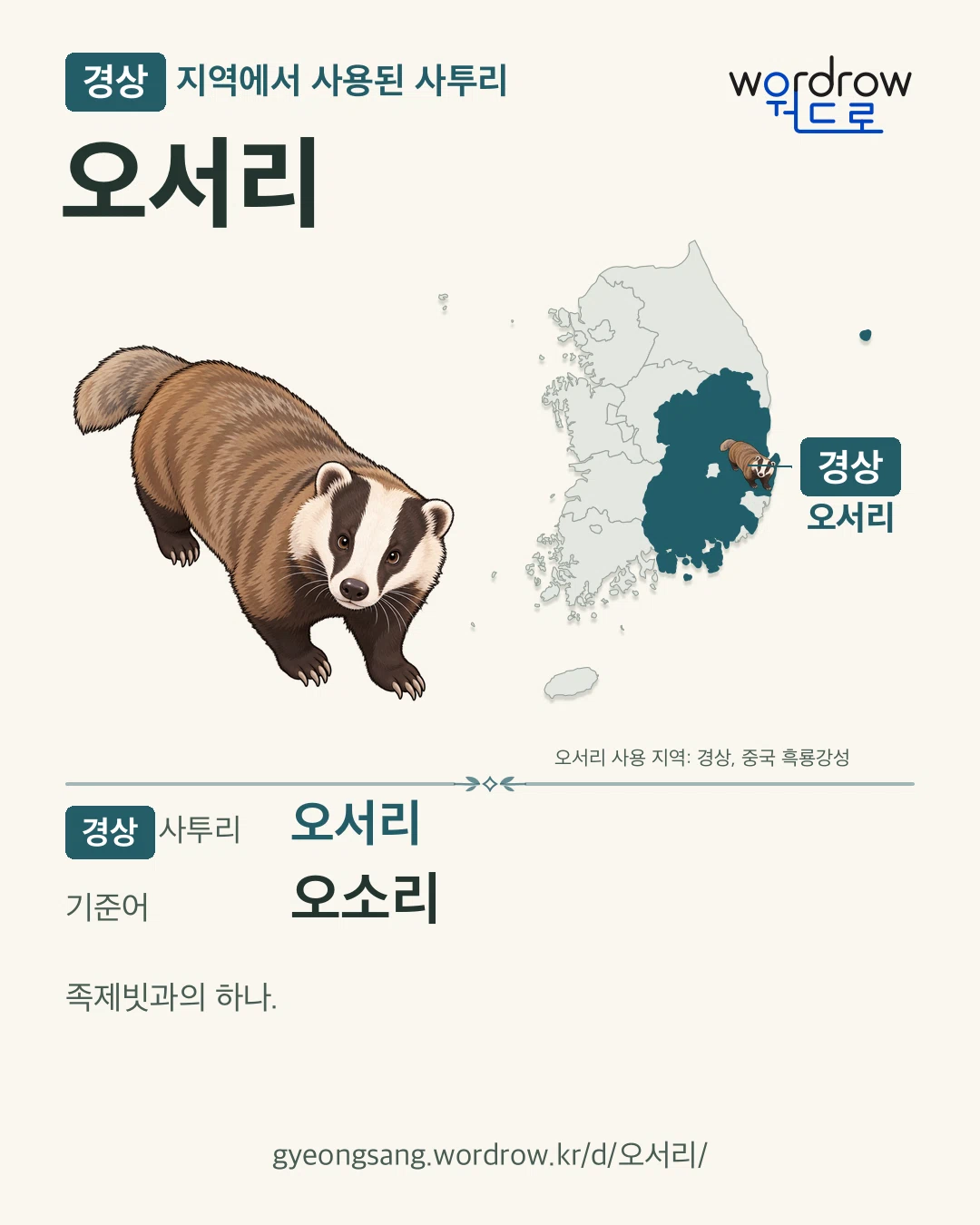 경상 지역에서 사용된 사투리 ‘오서리’. 기준어: 오소리. 기록 지역을 표시한 카툰 삽화와 지도 카드.