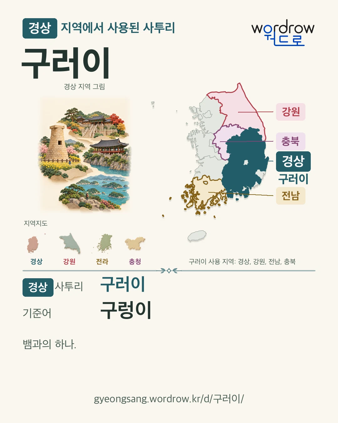 경상 지역에서 사용된 사투리 ‘구러이’. 기준어: 구렁이. 기록 지역을 표시한 지역 그림과 지도 카드.